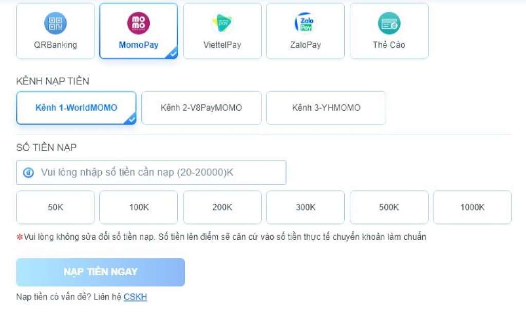 Nạp tiền FB68 qua ví Momo tiện lợi.
