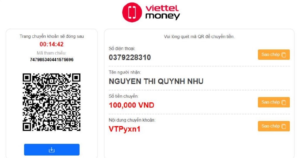 Nhận mã QR Viettel Pay để chuyển tiền chuẩn xác.