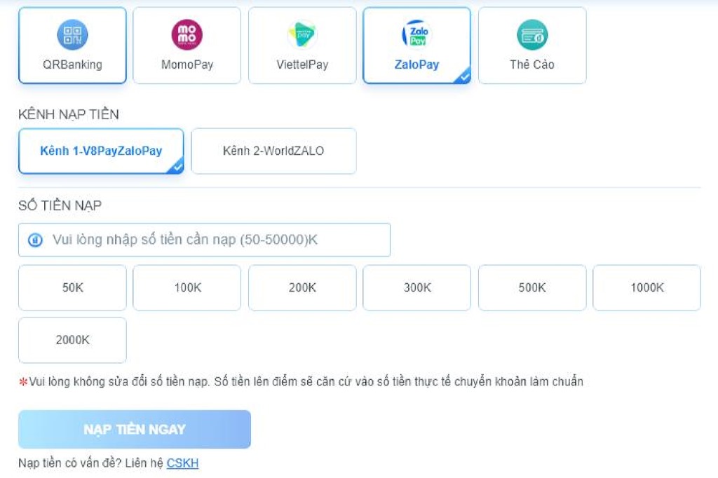 Phương thức nạp tiền qua hình thức ZaloPay.