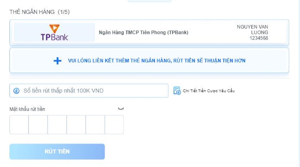 Liên kết thẻ ngân hàng để thực hiện các giao dịch rút tiền FB68.